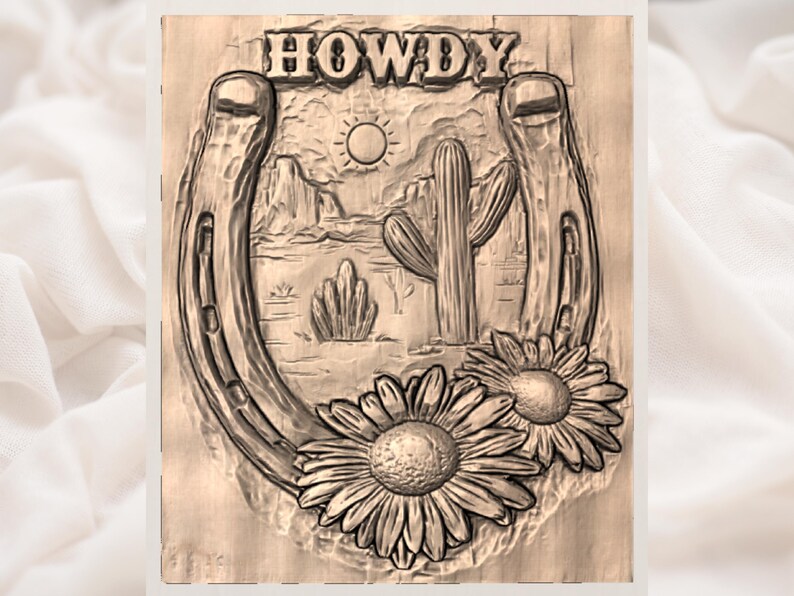 Howdy Western 3D-relief STL-fil | Hästsko, kaktus, solros, träådring CNC-snideri | Cowboy-väggkonst | 3D-utskrift och lasergravering bild 2