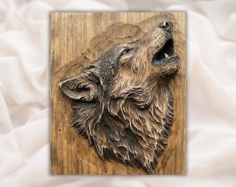 Howling Wolf 3D Relief STL File | Wolf Head Wood Grain CNC Carving | Wildlife Rustic Wall Art | 3D Print & Laser Engraving STL