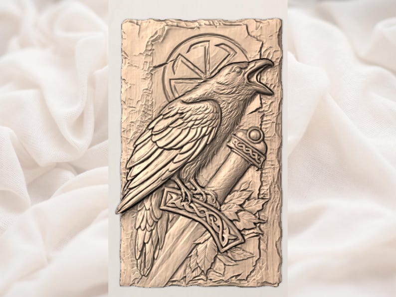 May include: A detailed relief carving of a raven perched atop a dagger, set against a textured background. The raven is depicted with an open beak, and a sun wheel symbol is visible above. The artwork is in shades of brown.