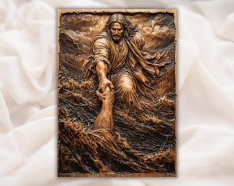 Jesus Saves Peter 3D Relief STL | Walking on Water Bible Scene CNC Router Wood Carving Panel | Christian Bas-Relief