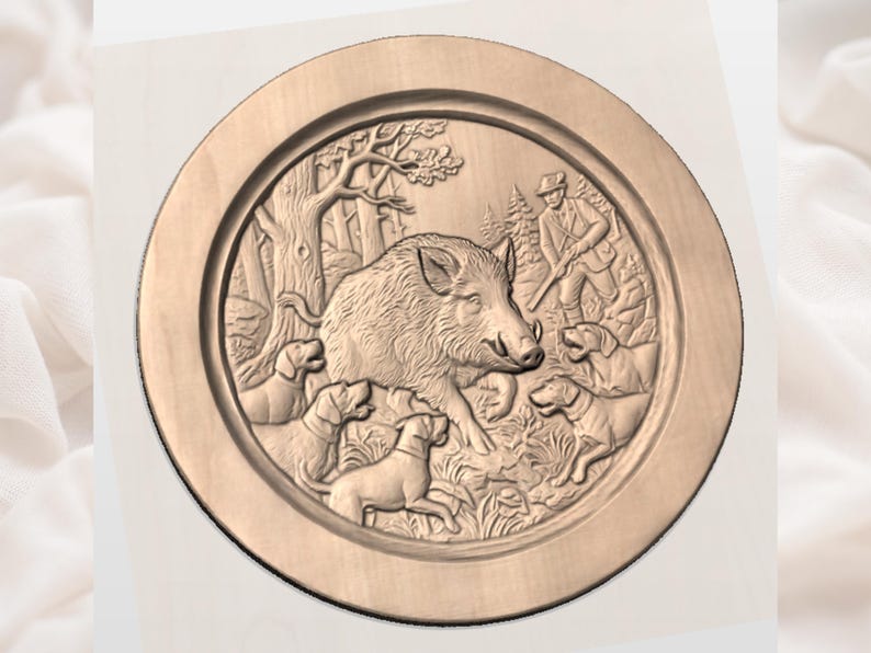 May include: A round, wooden relief carving depicting a hunting scene. The central focus is a wild boar, surrounded by hunting dogs, a hunter, and trees. The carving is in a natural wood tone.