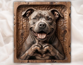 Pitbull STL | Reliëf hondenliefde | Hart poten muurdecoratie | Rustiek huisdierkunstwerk | Ontwerp houtsnijwerk | Plaquette ras pester| Dierenplaquette SBL