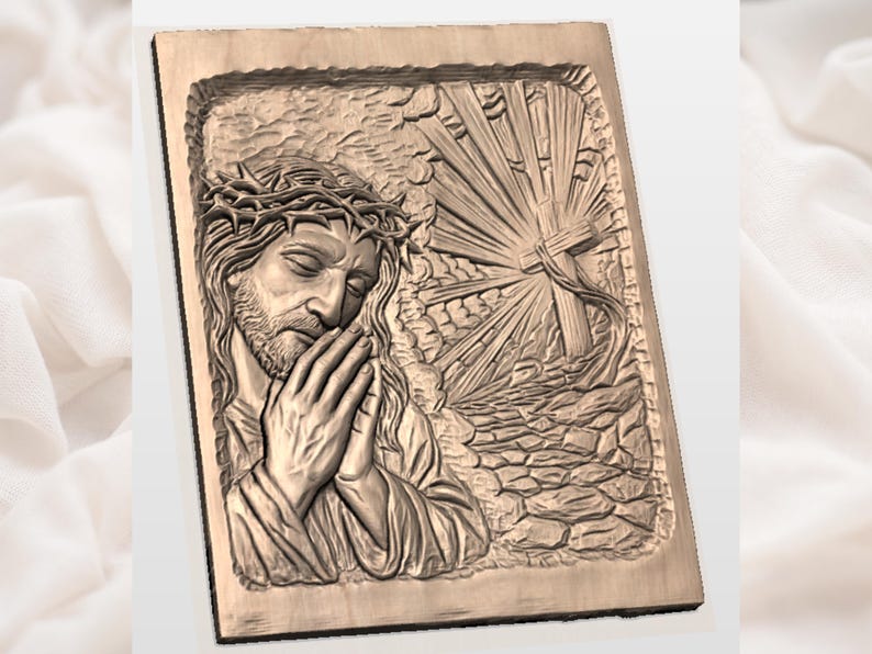 May include: A wooden relief carving depicting a religious scene. The artwork features a figure with a crown of thorns, hands clasped in prayer, and a cross with rays of light. The carving is in shades of brown.