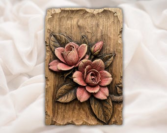 Rose Flower STL | 3D Floral Relief CNC Carving File | Botanical Wall Art Panel | Realistic Wood Grain Carved Look  | Home Decor