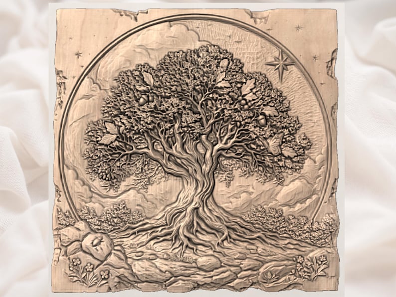 Tree Of Life STL | Round Nature Relief | Celtic Wall Decor | Wood Carving Design | Rustic Root Artwork | Sacred Tree Plaque image 3