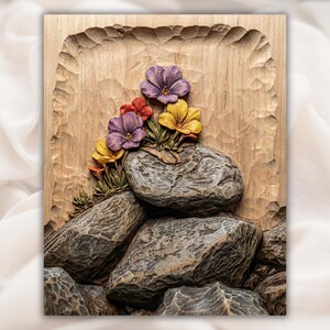 Pansy Flowers on Rocks Relief STL view 1