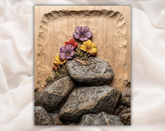 Pansy Flowers on Rocks Relief STL | CNC Router 3D Carving Model | Mountain Wildflower Stone Scene Wood Grain Relief Panel | Nature Wall Art