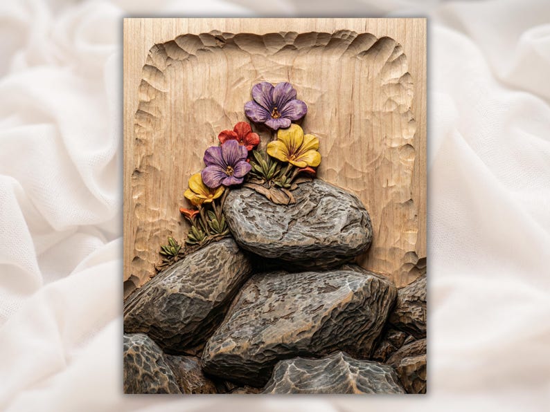 Pansy Flowers on Rocks Relief STL