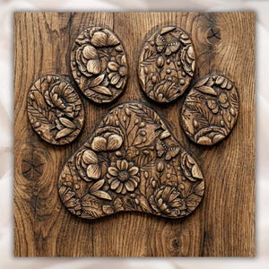 Floral Paw Print 3D Relief STL File view 1