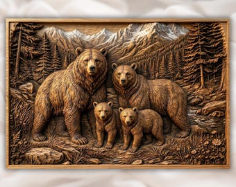 Bear Family STL | Mountain Forest Relief | Wildlife Wall Decor | Rustic Cabin Artwork | Wood Carving Design | Nature Plaque File