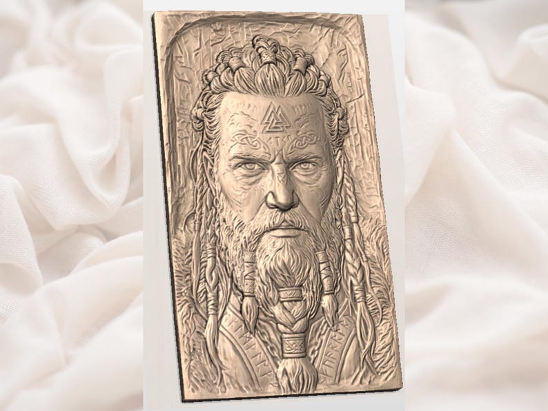Norse Warrior Portrait STL | Viking Rune Relief| Braided Beard Wood Carving | Valhalla Wall Art Plaque | Rune Face Tattoo Nordic Wall Plaque image 2