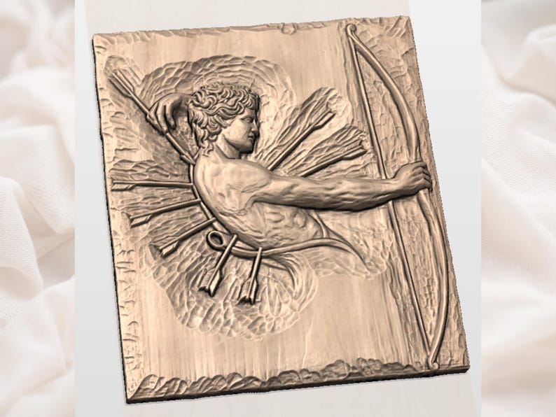 May include: A detailed relief carving of a classical figure with a bow and arrows. The figure is depicted in profile, holding a bow, with arrows piercing the body. The artwork is in a warm, earthy tone, suggesting a wood or stone material.