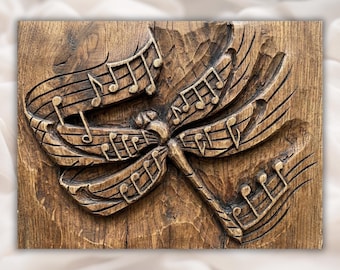 Music Dragonfly 3D Relief STL File | Musical Notes Wood Grain CNC Carving | Harmony Wall Art Panel | 3D Print & Laser Engraving