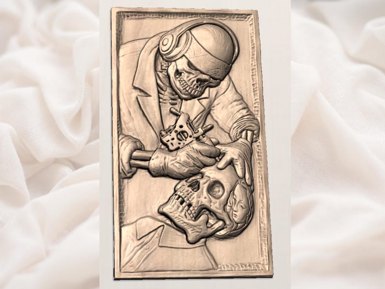 Skelettatoeëerder STL | Schedeltattoo reliëf CNC-routerbestand | Gothic tattoo shop houtsnijwerk model | Macabere muurkunst afbeelding 3
