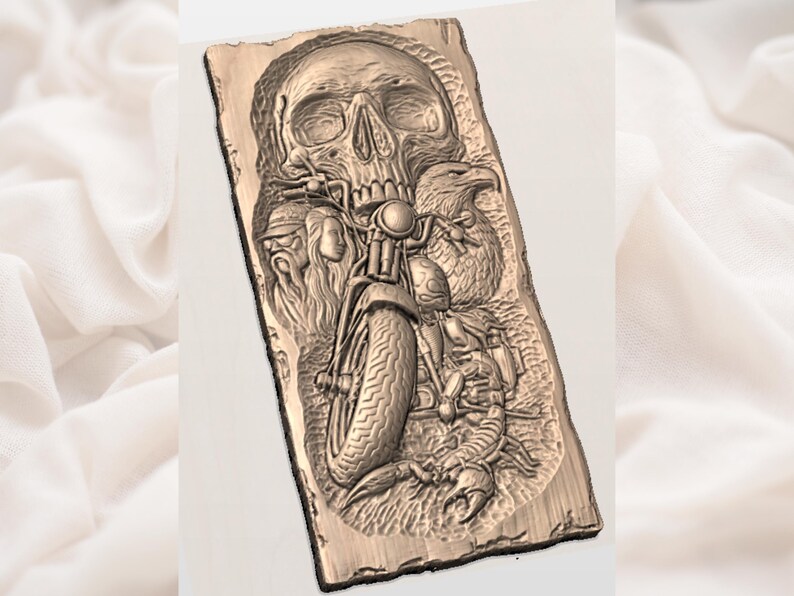 May include: A detailed, brown relief carving featuring a skull, motorcycle, and eagle. The motorcycle is centered, with the skull above and the eagle to the right. The carving has a rustic, textured appearance.