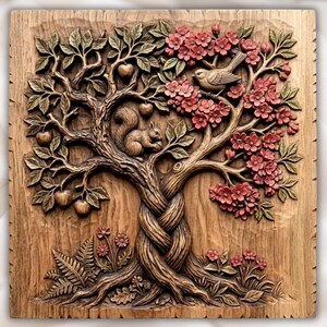 Puede incluir: Una placa de pared cuadrada de madera con una talla en relieve detallada de un tronco de árbol trenzado. El árbol tiene hojas verdes, flores rojas, frutos pequeños y redondos, una ardilla en las ramas y un pájaro entre las flores.