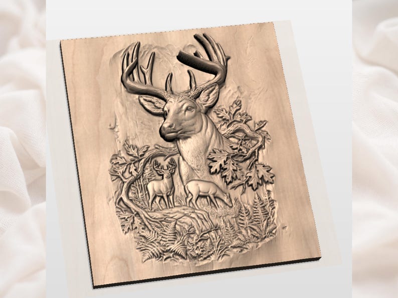 May include: A detailed wooden relief carving of a deer with large antlers, surrounded by foliage and two smaller deer. The artwork is set on a rectangular wooden panel, showcasing a natural, rustic aesthetic.