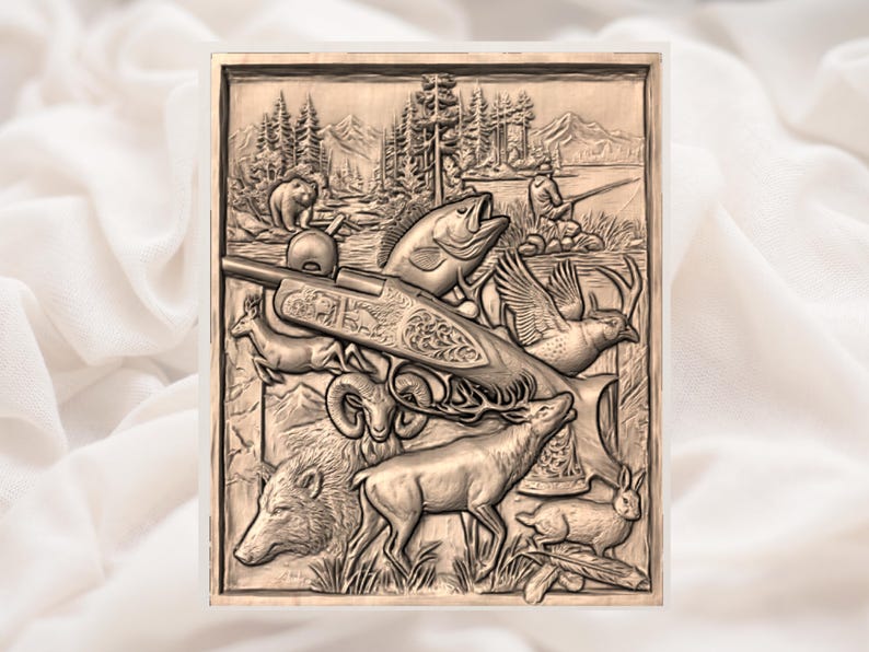 May include: A detailed relief carving in a wooden frame depicting a hunting scene. The artwork features a rifle, fish, bear, deer, and other wildlife. A fisherman is shown in the background, with mountains and trees. The carving is in shades of brown.