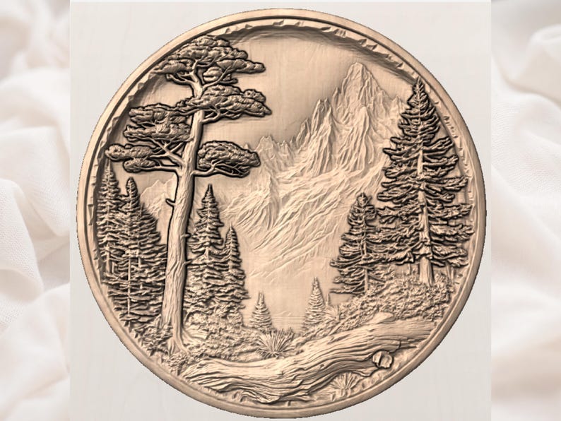 May include: A circular, bronze-coloured relief carving depicting a mountain landscape with trees and a mountain range in the background. The detailed carving shows a large tree in the foreground and several pine trees.