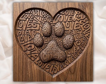 Paw Print Heart Love Sign CNC Relief STL | Pet Memorial Wall Art Panel | Puppy Kitten Gift Decor Wood Carving Design