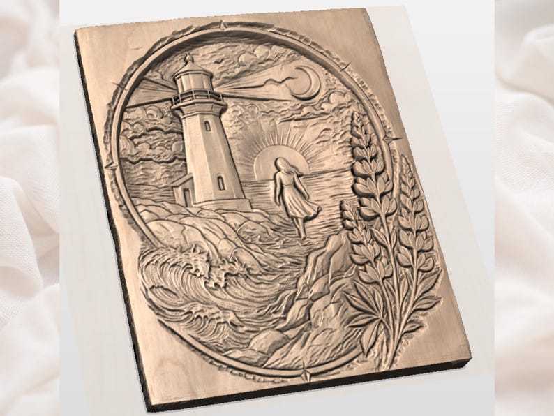 May include: A wooden relief carving depicting a lighthouse scene. The artwork features a lighthouse, waves, a woman, the sun, and a crescent moon, all within a circular frame. The carving is in shades of brown and tan.
