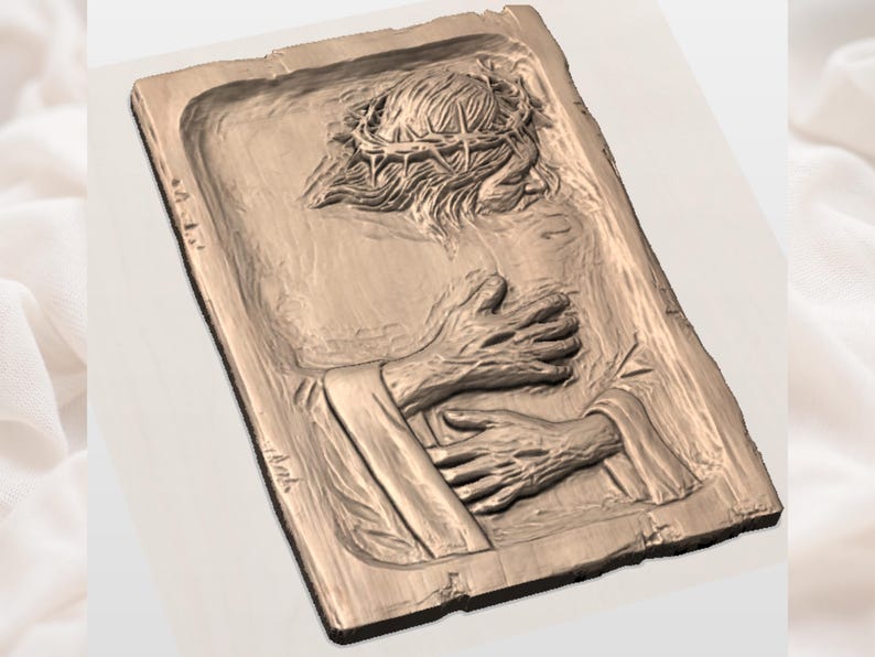 May include: A detailed relief sculpture of a figure wearing a crown of thorns, with hands clasped. The artwork is carved into a rectangular wooden block, with intricate textures and shadows. The overall colour is a warm, natural brown.