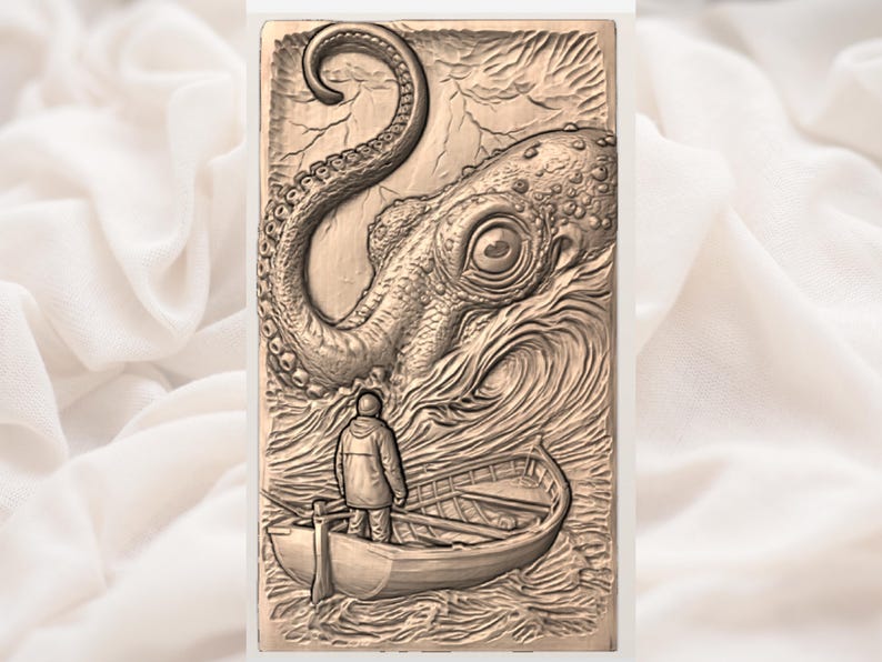 May include: A bronze-colored relief carving depicts a man in a small boat facing a giant octopus in turbulent waters. The octopus's large eye and tentacles dominate the scene, creating a dramatic nautical theme.