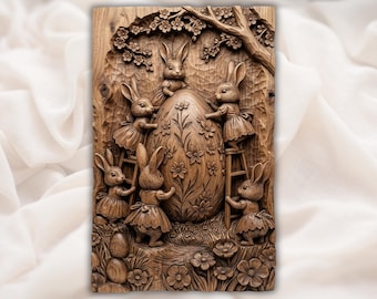 Easter Bunny STL | Rabbit Egg Relief | Spring Wall Decor | Floral Garden Artwork | Wood Carving Design | Cottagecore Plaque