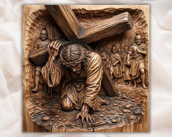 Jesus Carrying Cross Relief STL | CNC Router 3D Carving Model | Christ Crown of Thorns Passion Scene Wood Relief Panel | Christian Wall Art