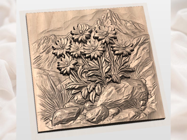 May include: A wooden relief carving depicting a mountain scene with a cluster of flowers, rocks, and grass. The flowers have multiple petals and are in full bloom. The carving is square and has a natural wood tone.