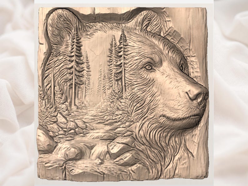 May include: A detailed wood carving of a bear's head in profile, with a forest scene carved in the background. The bear's fur and the forest's trees and rocks are intricately detailed. The carving is a natural wood colour.