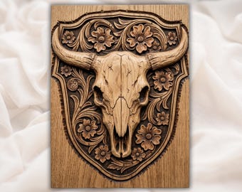 Bull Skull Floral STL | Western Cow Skull Relief | Rustic Longhorn Wall Plaque | Scroll Flower Wood Carving Model | Farmhouse Decor