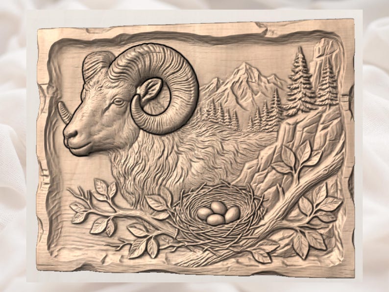 May include: A detailed wooden carving of a ram with large curved horns, set against a mountain landscape with pine trees and a nest with eggs. The carving has a rustic, natural aesthetic, with a focus on texture and depth.