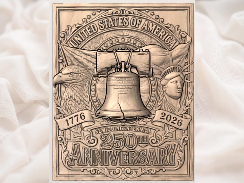 Detailed bas-relief wood carving on a dark walnut plaque. Centrally features the Liberty Bell with engraved text. To its left is a bald eagle profile; to its right, the Statue of Liberty's head. Behind them are American flags and stars. Arching text at the top reads: 'UNITED STATES OF AMERICA'. A scroll on the left shows '1776', one on the right, '2026'. Below them are the words 'SEMIQUINCENTENNIAL' and a large '250TH ANNIVERSARY'. Framed by elaborate wood scrollwork.