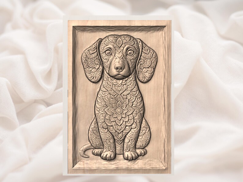 May include: A wooden relief carving of a dachshund dog, intricately detailed with floral and geometric patterns. The dog is seated, with large, patterned ears and a focused expression. The artwork is framed within a rectangular border.