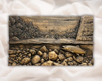 Trout River Cutaway 3D Relief STL | Fly Fishing Landscape Underwater Scene Panel | CNC Router, 3D Print, Laser Engrave