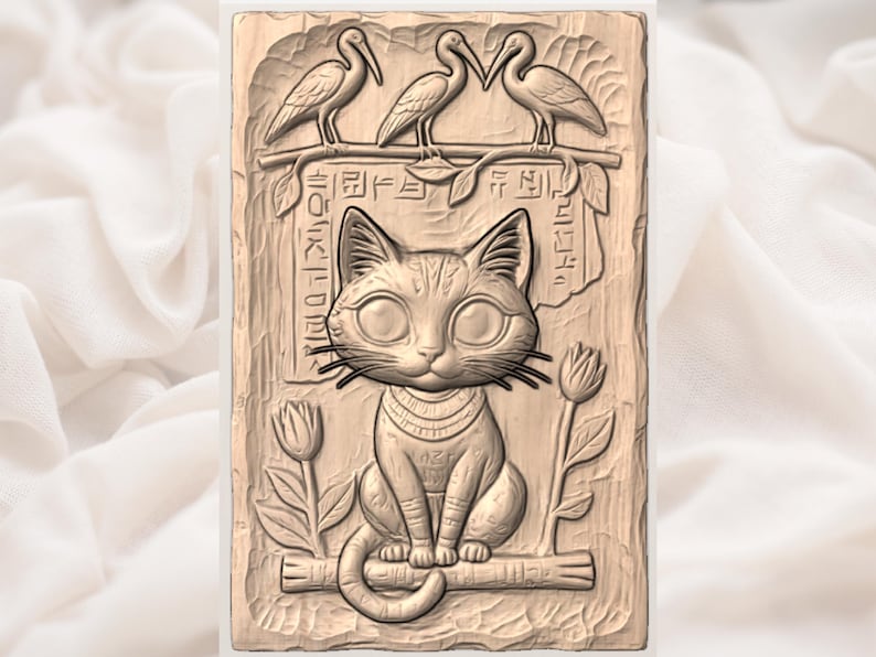 Bastet Cat Relief STL | Egyptian Hieroglyph CNC Carving |Sacred Feline Wall Art Plaque | Ancient Egypt Cat with Ibis Birds and Lotus Flowers image 3