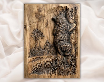 Urso escalando árvore em relevo 3D STL | Arquivo para entalhe em madeira para roteador CNC | Painel de arte de parede com tema de vida selvagem e floresta | Decoração rústica para cabana/chalé