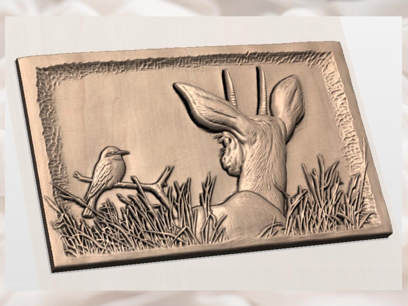 May include: A wooden relief carving of a deer and a bird. The deer is depicted with large ears and antlers, looking towards a small bird perched on a branch. The background features tall grass, all within a rectangular frame.