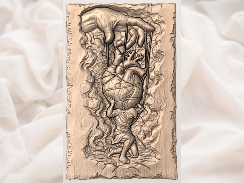 May include: A carved wooden relief depicting a hand controlling a heart with strings. Below, a figure appears to be supporting the heart. The artwork is in shades of brown and beige, with detailed textures and shadows.