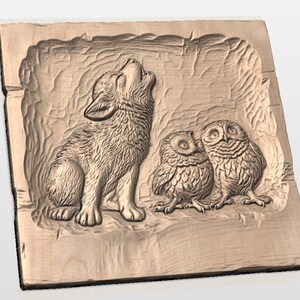 Howling Wolf & Owls 3D Relief STL view 3