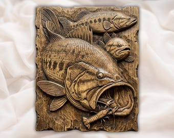 Bass Fishing Relief STL | Largemouth Bass 3D CNC Carving Model | Wood Grain Fish Bas Relief Panel | Angler Cabin Wall Art | 3D Print / Laser
