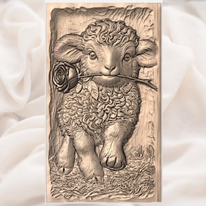 Cute Lamb with Rose Relief STL view 2