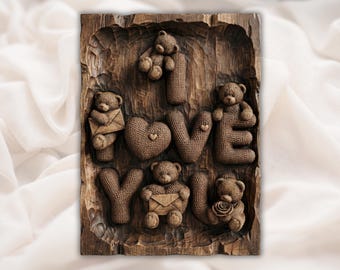 Teddy Bear “I Love You” 3D Relief STL | CNC Router Wood Carving File | Valentine Nursery Wall Art Panel | Cute Bear Letter & Rose STL