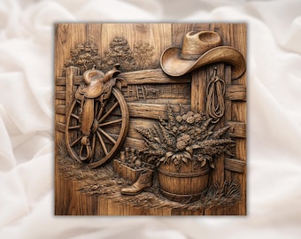 Western Ranch Saddle 3D Relief STL | Cowboy Hat Rope Wagon Wheel Boots Wood Grain Carving Panel