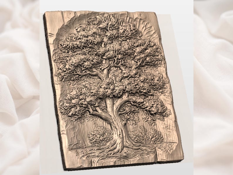 May include: A detailed, three-dimensional relief carving of a large tree with sprawling branches and a thick trunk. The artwork is set against a textured, rectangular wooden background, showcasing the tree's foliage and roots. The color is a warm, natural brown.
