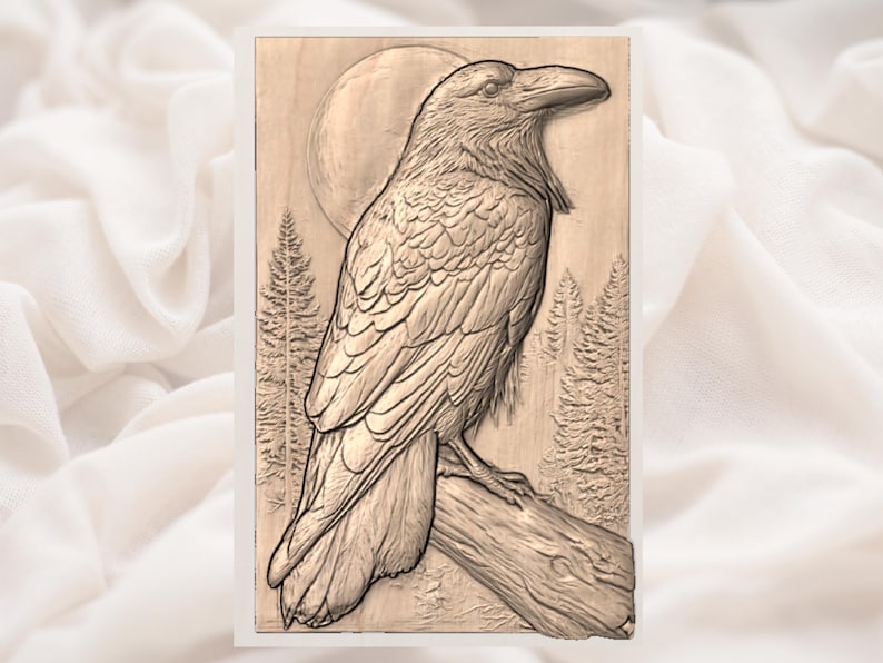 May include: A detailed wood carving of a raven perched on a branch, set against a backdrop of a full moon and pine trees. The raven is depicted with intricate feather details, showcasing a naturalistic style. The artwork is presented on a rectangular wooden panel.