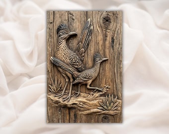 Roadrunner-par 3D-relief STL | Träfiberpanel med sydvästra ökenfåglar | Aspire, VCarve Pro, Carveco, Fusion 360, ArtCAM | Heminredning
