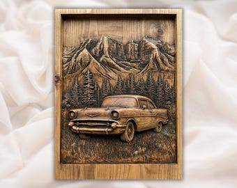 Classic Car 3D STL File | Vintage Auto CNC Router Relief Panel | Mountain Forest Scenic Wood Carving Style Wall Art | Garage Man Cave Decor
