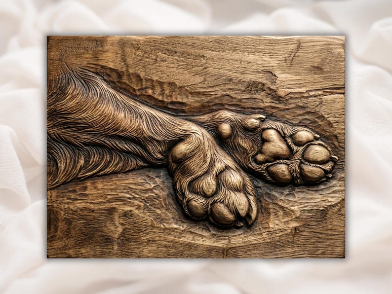May include: A detailed, carved wooden relief depicting a dog's paw pads and fur. The artwork is rendered in shades of brown, showcasing the texture of the wood and the dog's fur. The relief is mounted on a rectangular wooden panel.